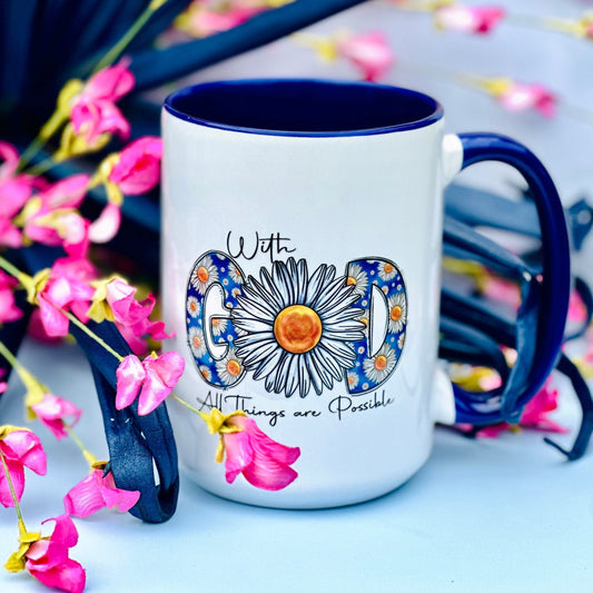 Inspirational Christian  Mug – “With God All Things Are Possible” – Blue Handle, 15oz