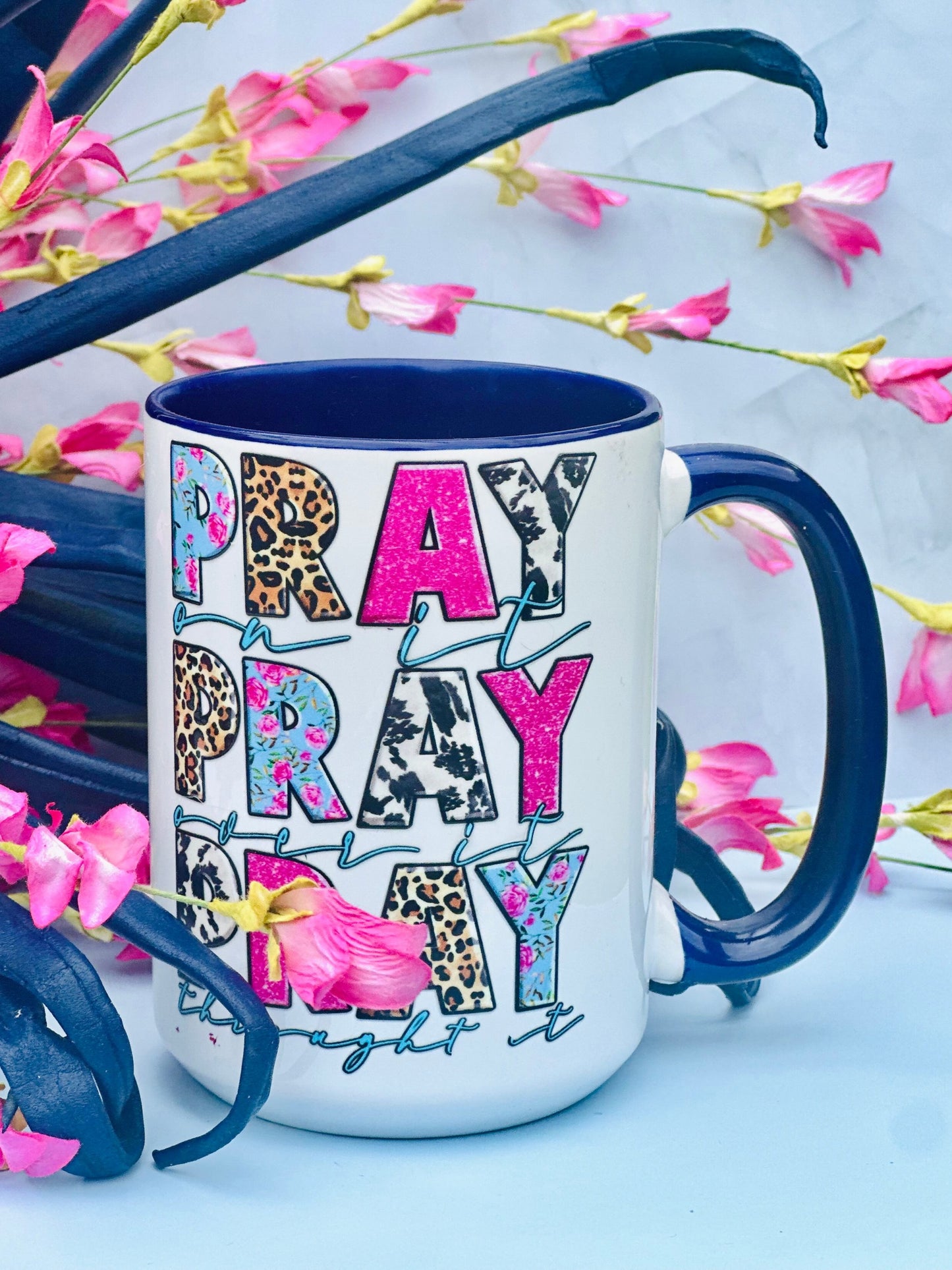 Pray Pray Pray”Coffee Mug – White with Blue Handle | Faith-Inspired Gift