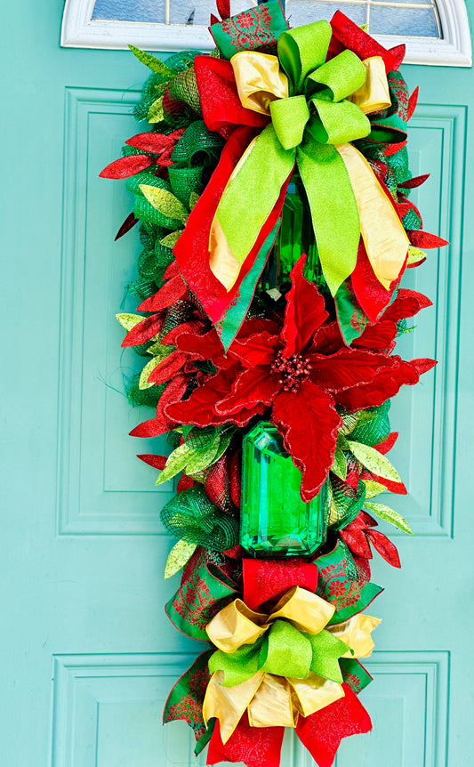 Luxury Christmas Swag Wreath with Giant Emerald Gem & Poinsettias – Oversized Door Decor