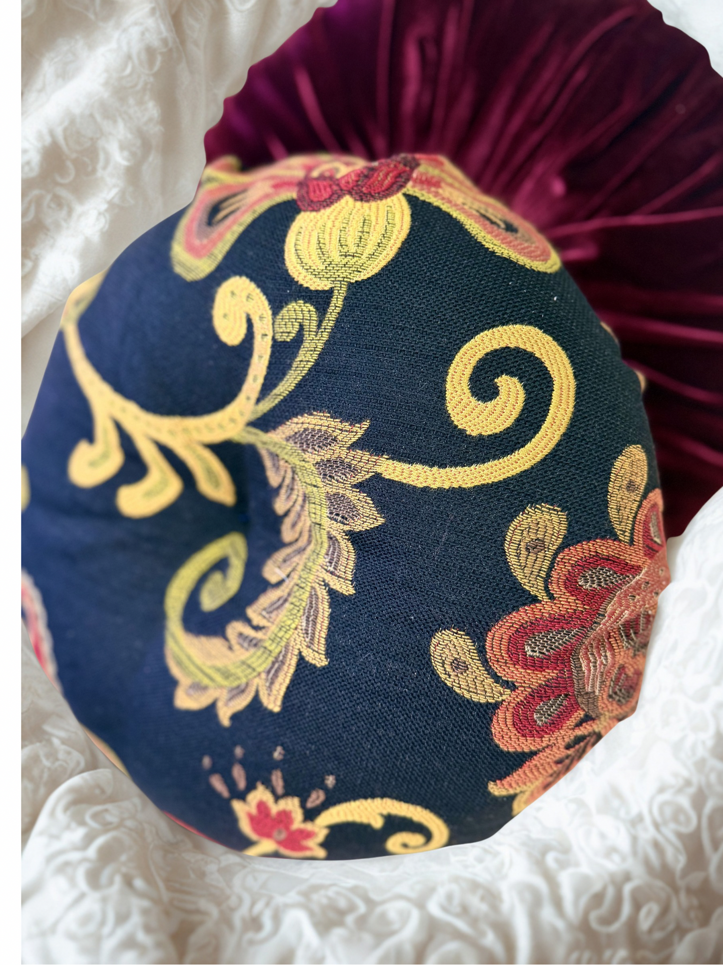16” Handmade Tufted Decorative Pillow – Luxury Black & Gold Accent Pillow, Round Designer Throw Pillow, Elegant Vintage Inspired Home Decor