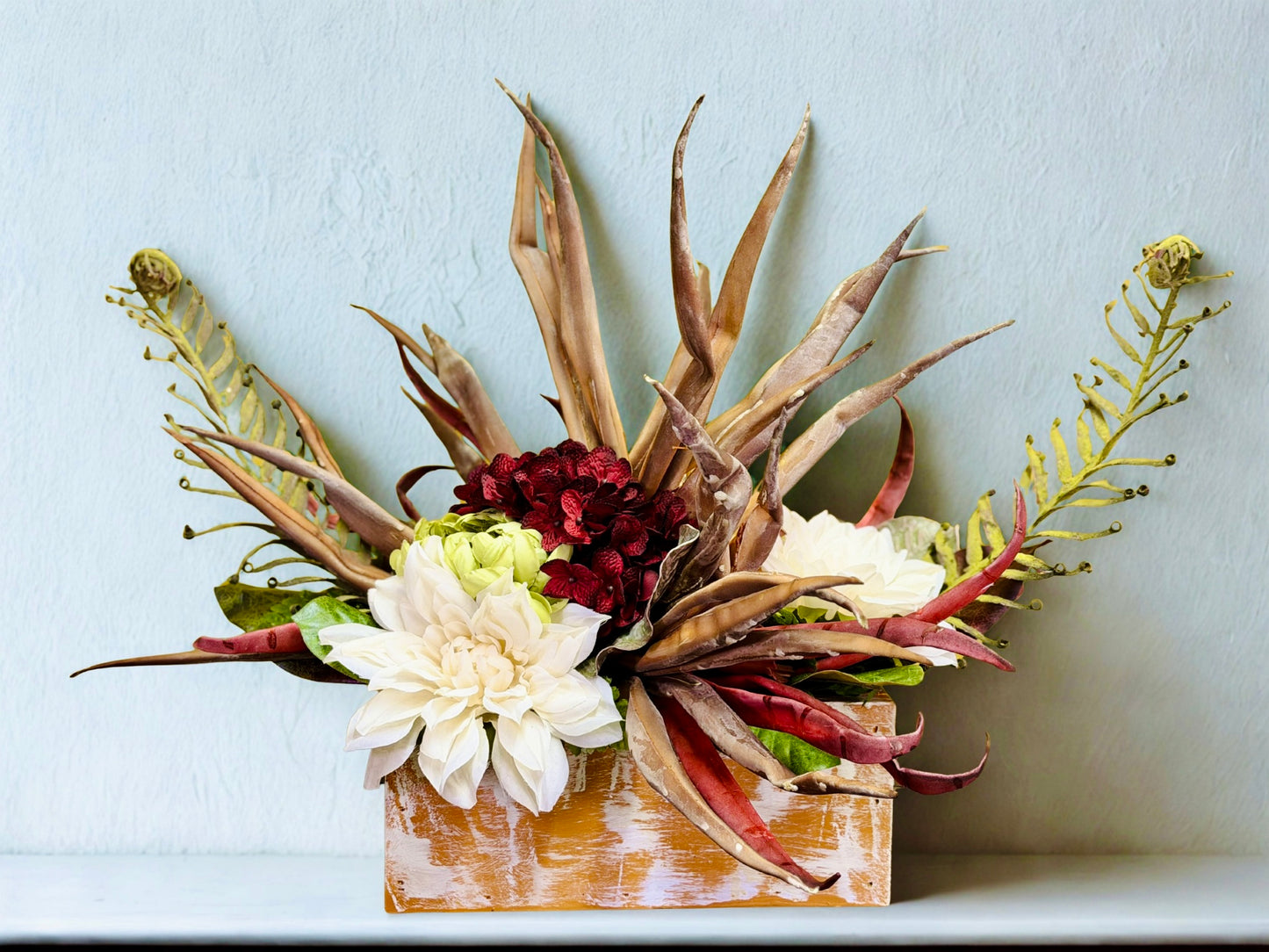 Rustic Desert Floral Arrangement – White Dahlia & Palm Frond Centerpiece in Weathered Wood Planter, Farmhouse Table Decor