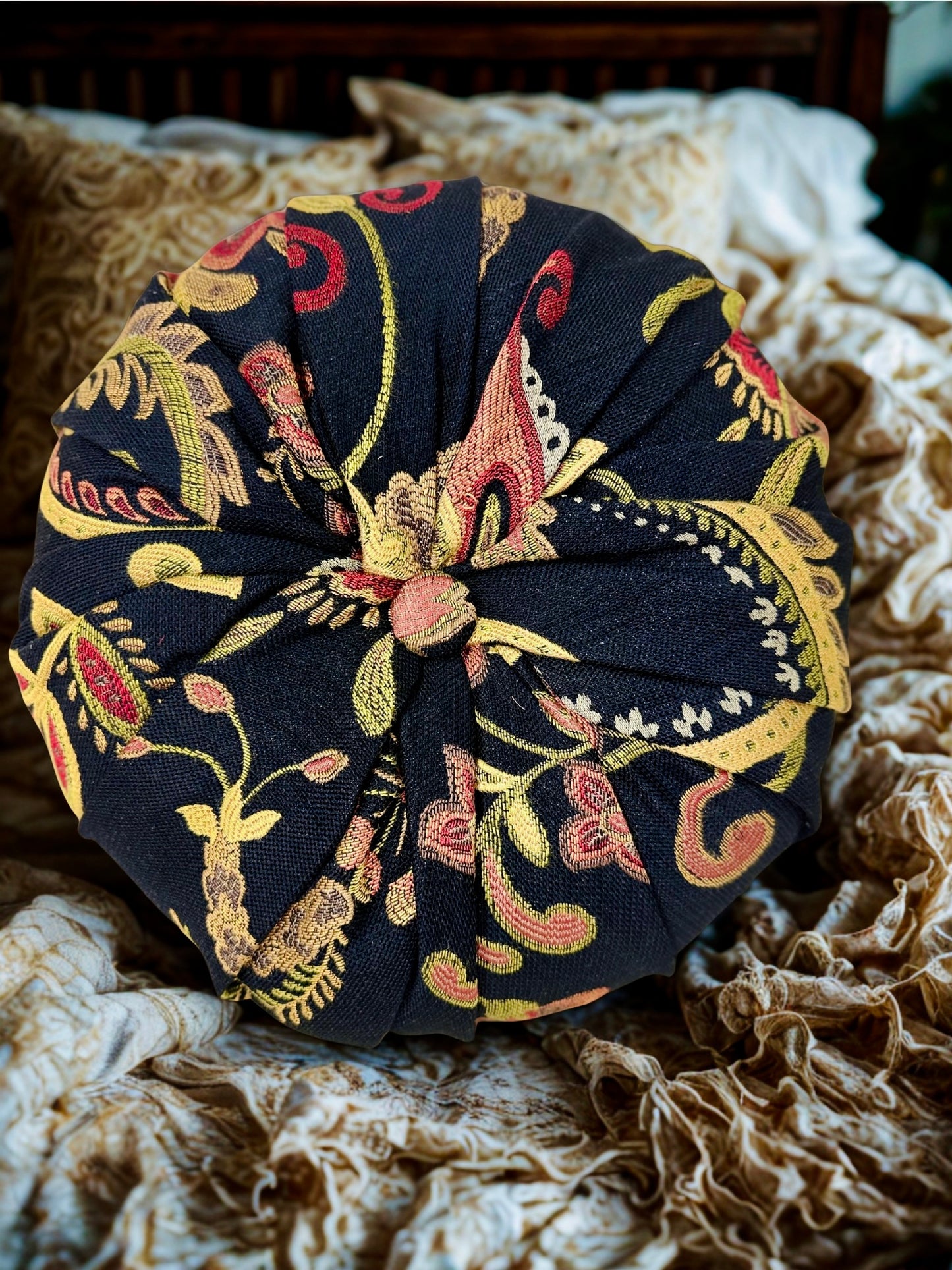 16” Handmade Tufted Decorative Pillow – Luxury Black & Gold Accent Pillow, Round Designer Throw Pillow, Elegant Vintage Inspired Home Decor