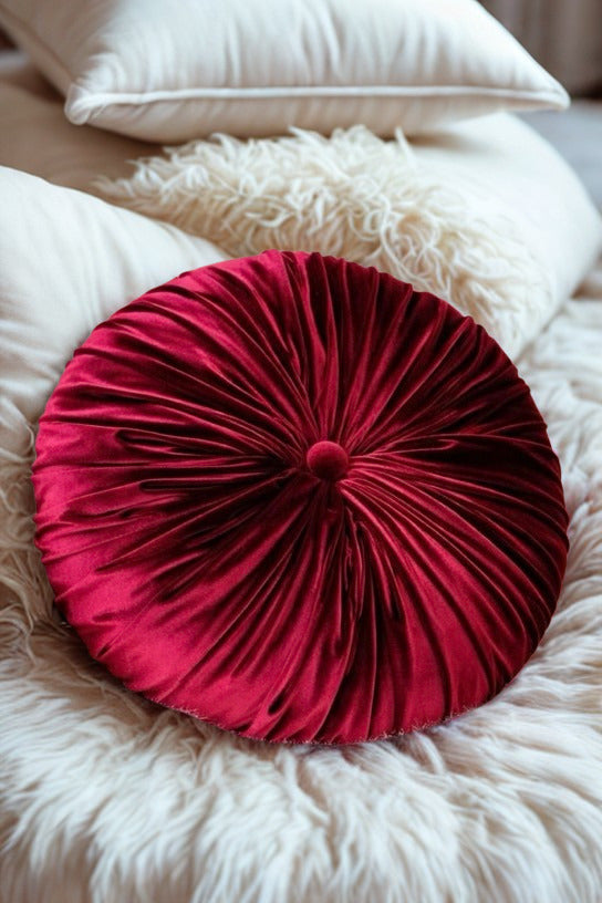 18” Handmade Burgundy  Tufted Pillow | Round Pleated Accent Cushion | Luxury Glam Home Décor | Decorative Throw Pillow