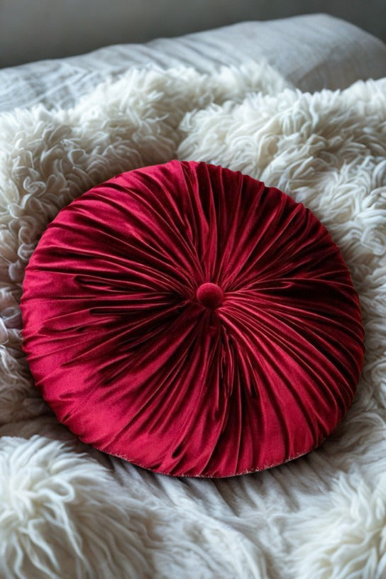 18” Handmade Burgundy  Tufted Pillow | Round Pleated Accent Cushion | Luxury Glam Home Décor | Decorative Throw Pillow