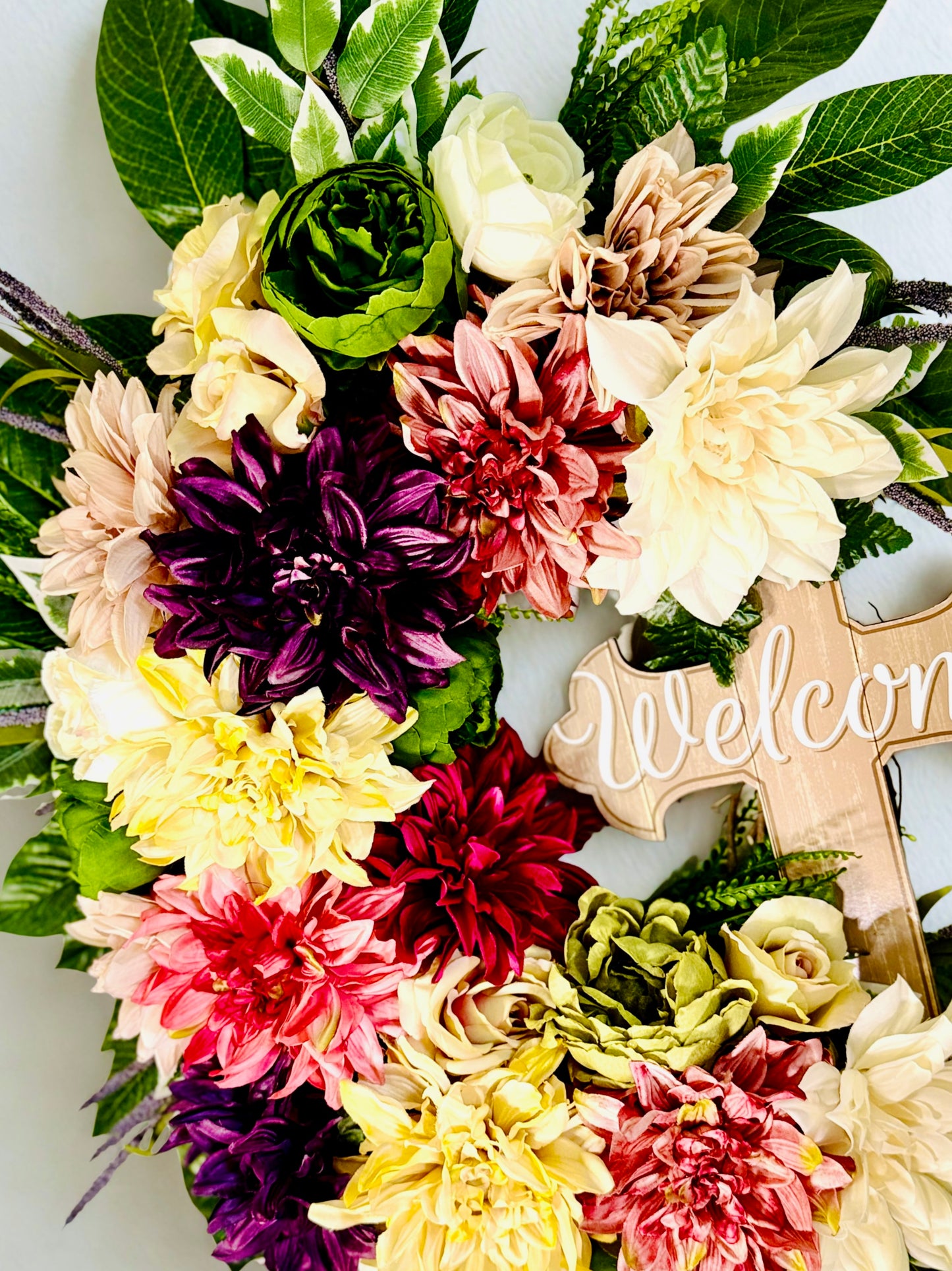 32” Colorful Floral Wreath with Welcome Cross – Large Front Door Wreath, Faith-Based Home Decor, Spring Summer Wreath, Everyday Door Hanger
